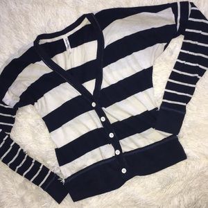 Navy blue and white cardigan.